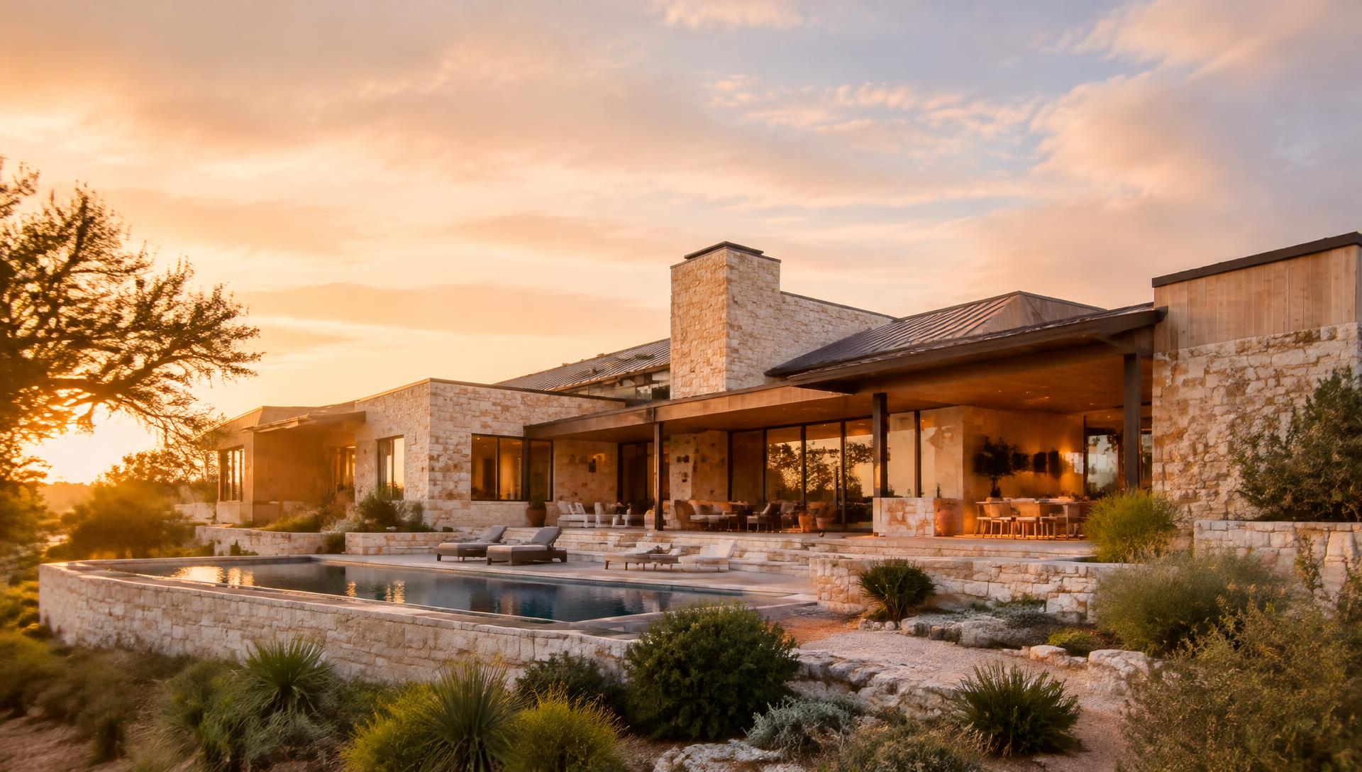 Stone and timber custom home at sunset